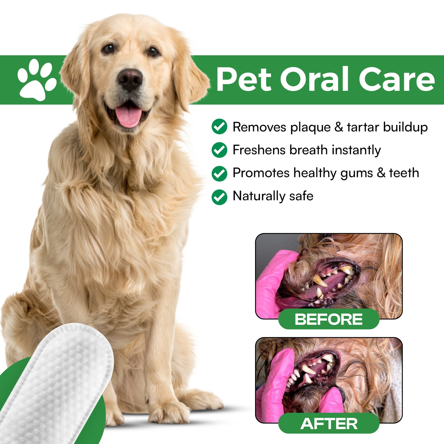 Pawsher's Dental Wipes for dogs removes plaque and tartar buildup, freshens breath instantly, promotes healthy gums and teeth and are naturally safe for your dogs.