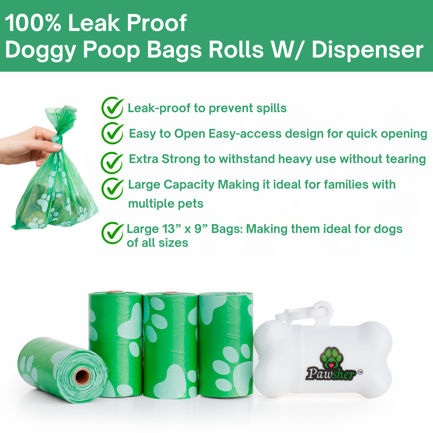 Leak proof poop bags with bone shaped bag dispenser. Prevents leaks, easy open, extra strong, 13"x 9" large bags