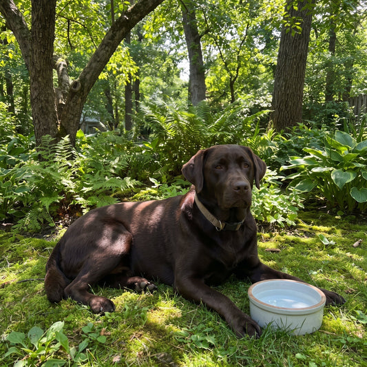 dark Chocolate lab sitting in the shade under a tree with a full water bowl near by