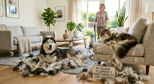 Husky and long-haired cat surrounded by huge piles of shed fur on a living room rug and couch during summer shedding season