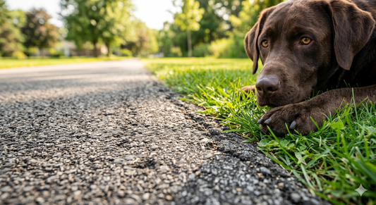 Chocolate lab dog resting on cool green grass beside hot asphalt sidewalk in summer