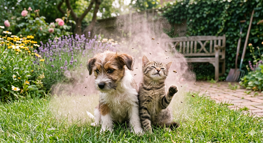Puppy and kitten sitting in a backyard after being sprayed with a fruity pet perfume and being attached by bees, wasps and fruit flies