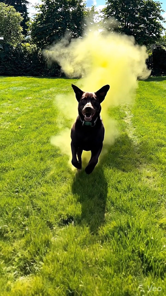 Cute pup with a pollen cloud chasing him