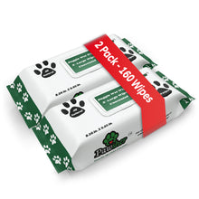 A twin pack of Pet Wipes for Dogs with 160 wipes in each pack. The packs are white with a green and red design, featuring paw prints and the brand name.