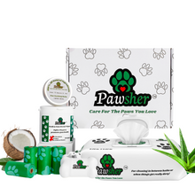 A cute collection in a gift box of dog grooming products including paw balm, dental finger wipes, poop bags, and dog wipes, with Pawsher branding.