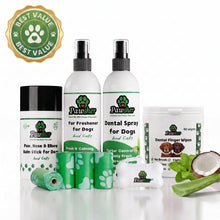 Pawsher Complete Care Box dog grooming kit, best value bundle — paw balm stick, lavender fur freshener, dental spray, dental finger wipes and poop bag rolls with bone dispenser
