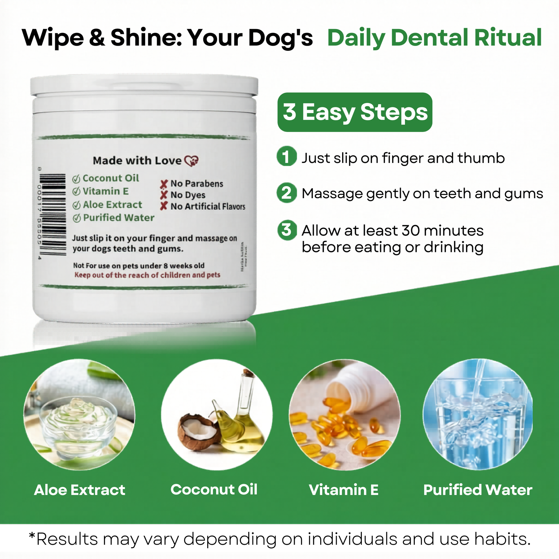 Ingredient focus: Pawsher dental wipes for dogs with coconut oil, aloe extract, Vitamin E and purified water — paraben-free