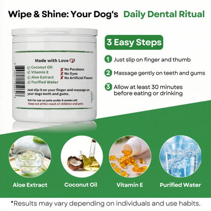 Ingredient focus: Pawsher dental wipes for dogs with coconut oil, aloe extract, Vitamin E and purified water — paraben-free