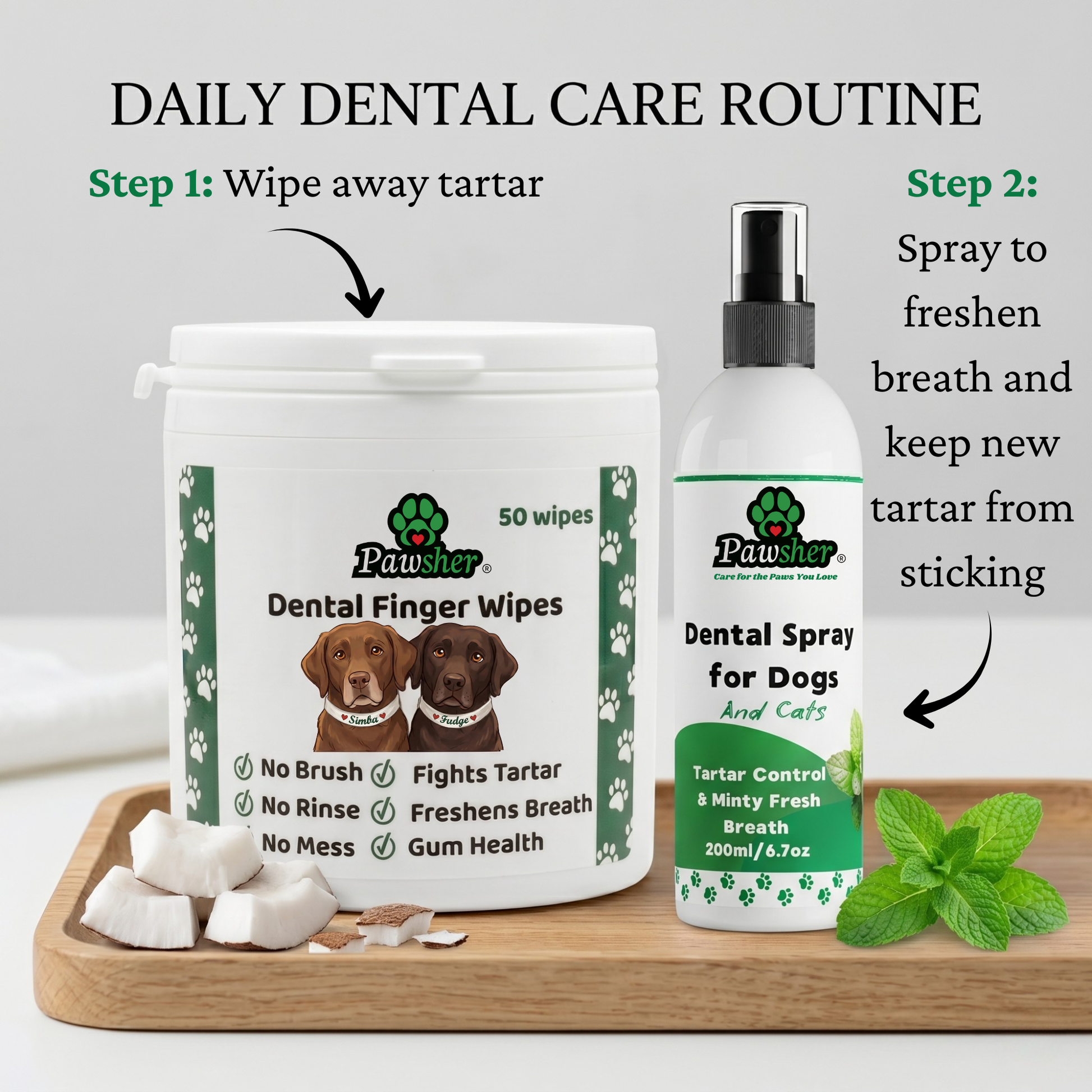 Pawsher Dog Dental Duo two-step daily routine — wipe away tartar with finger wipes, then spray for minty fresh breath