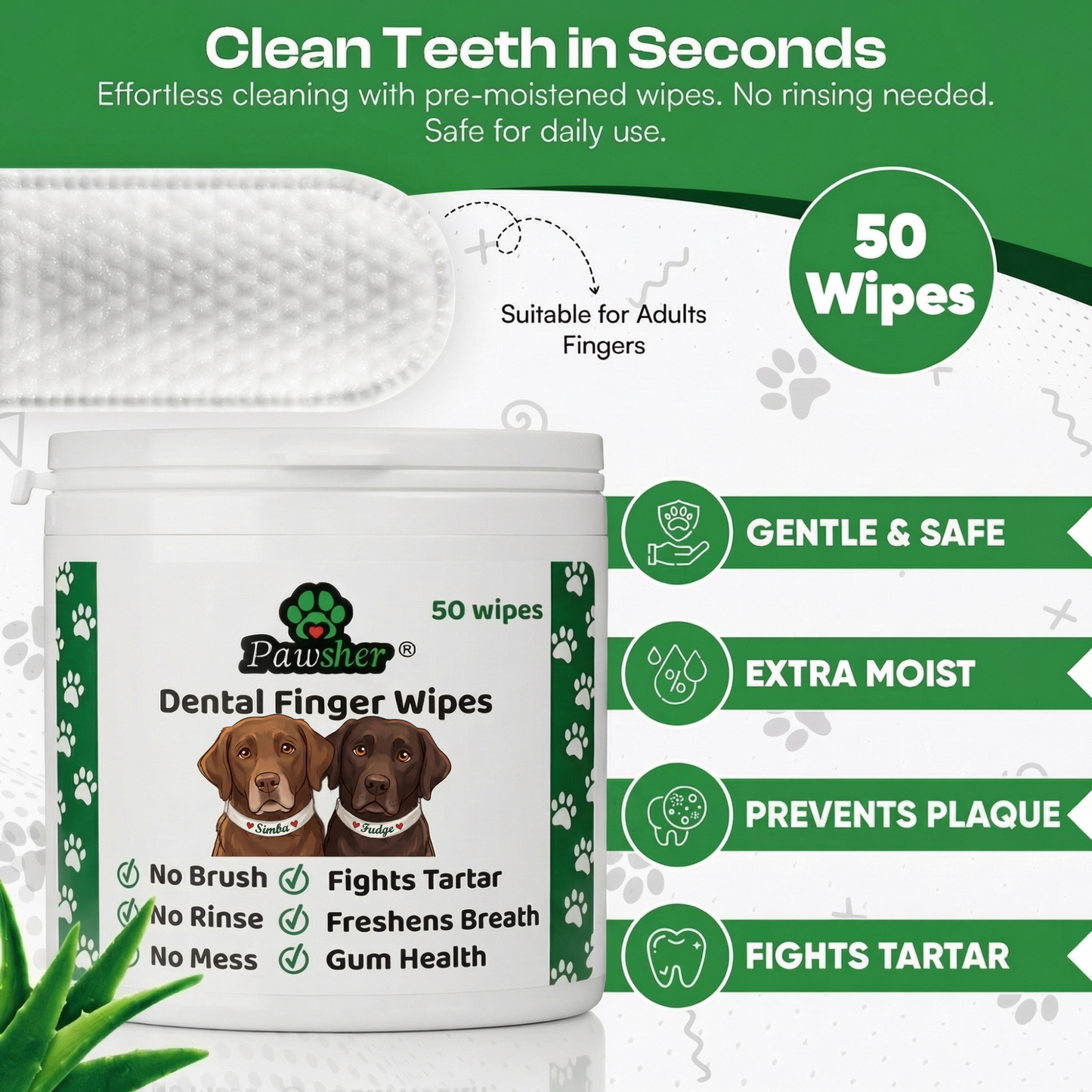 Dog Teeth Cleaning Wipes, Natural Coconut Oil & Aloe, No-Rinse Dental Finger Wipes
