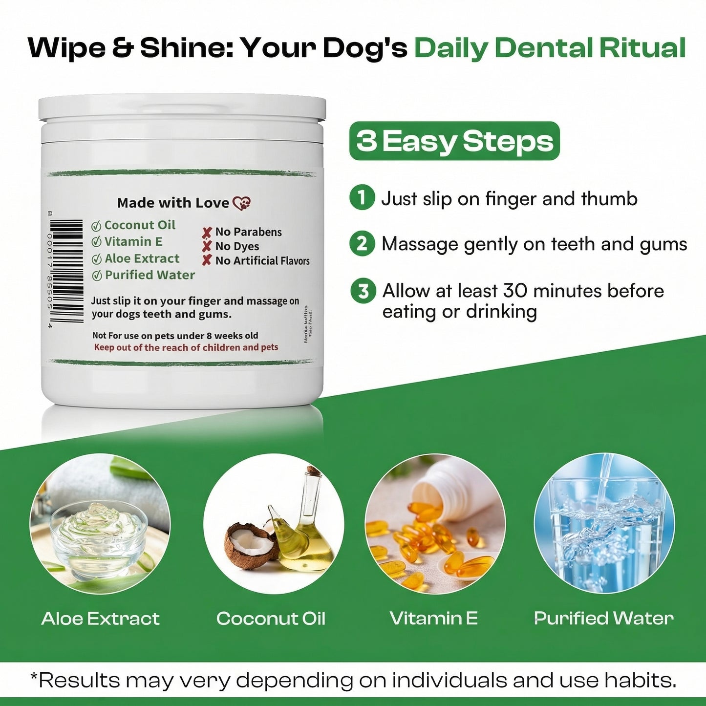 Dog Teeth Cleaning Wipes, Natural Coconut Oil & Aloe, No-Rinse Dental Finger Wipes