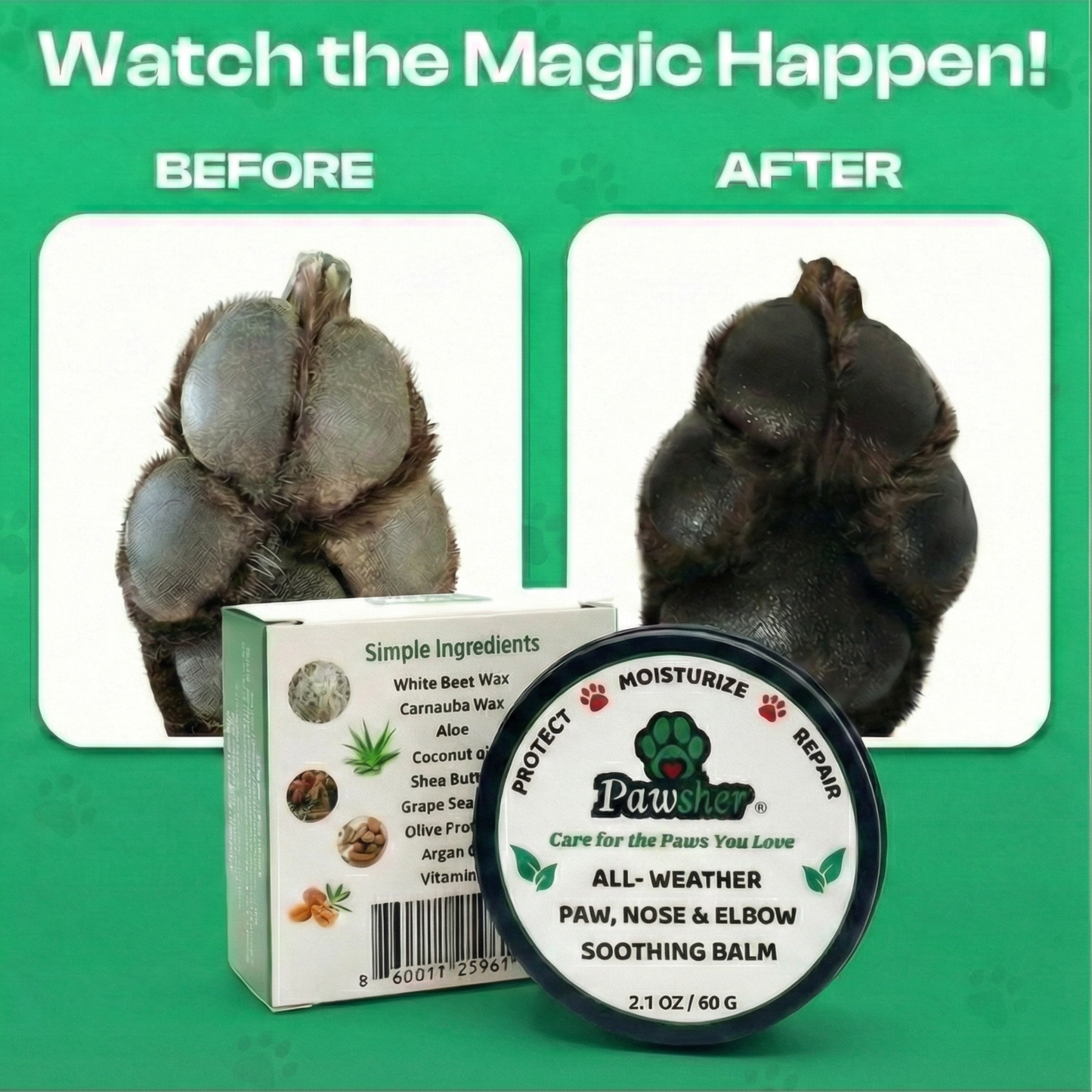 Dog Paw Balm - Lick Safe, Protects Moisturizes Heals Dry Cracked Paws, Nose & Elbows