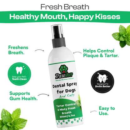 Pawsher Dental Spray for dogs and cats, 200ml — freshens breath, controls plaque and tartar, supports gum health, easy to use