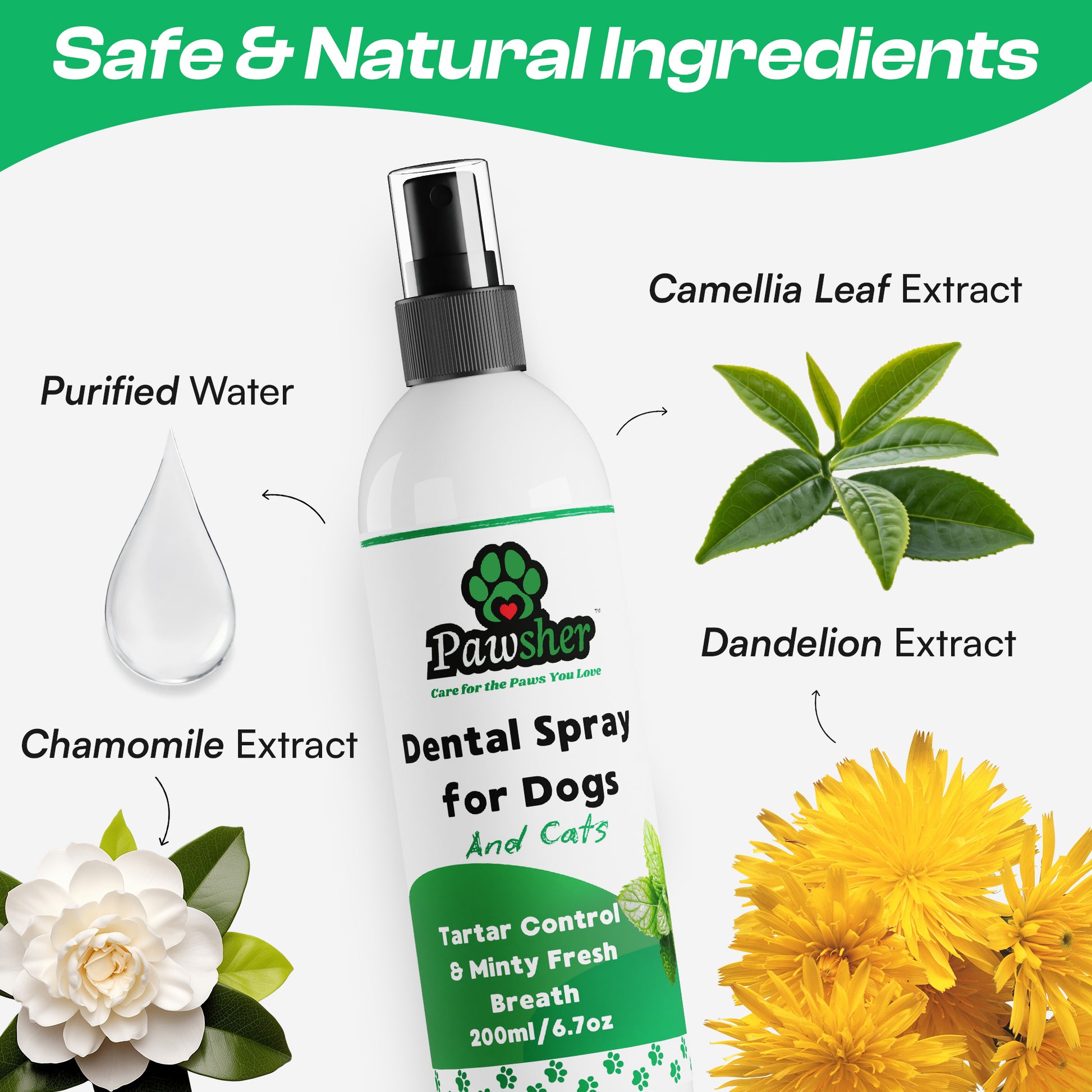 Pawsher 6.7 oz dog and cat dental spray with natural plant extracts for tartar control and minty fresh breath