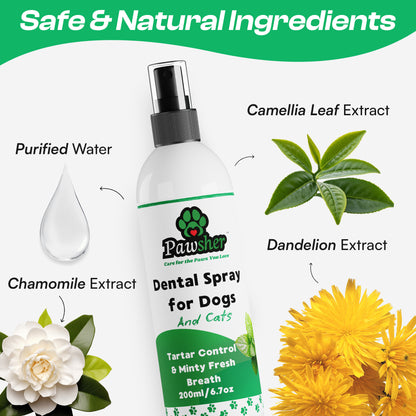 Pawsher 6.7 oz dog and cat dental spray with natural plant extracts for tartar control and minty fresh breath