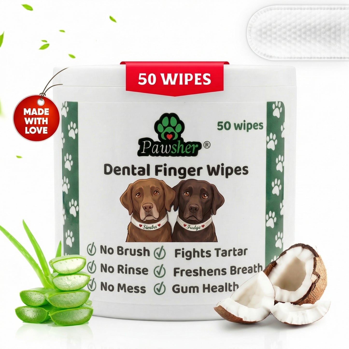 Dog Teeth Cleaning Wipes, Natural Coconut Oil & Aloe, No-Rinse Dental Finger Wipes