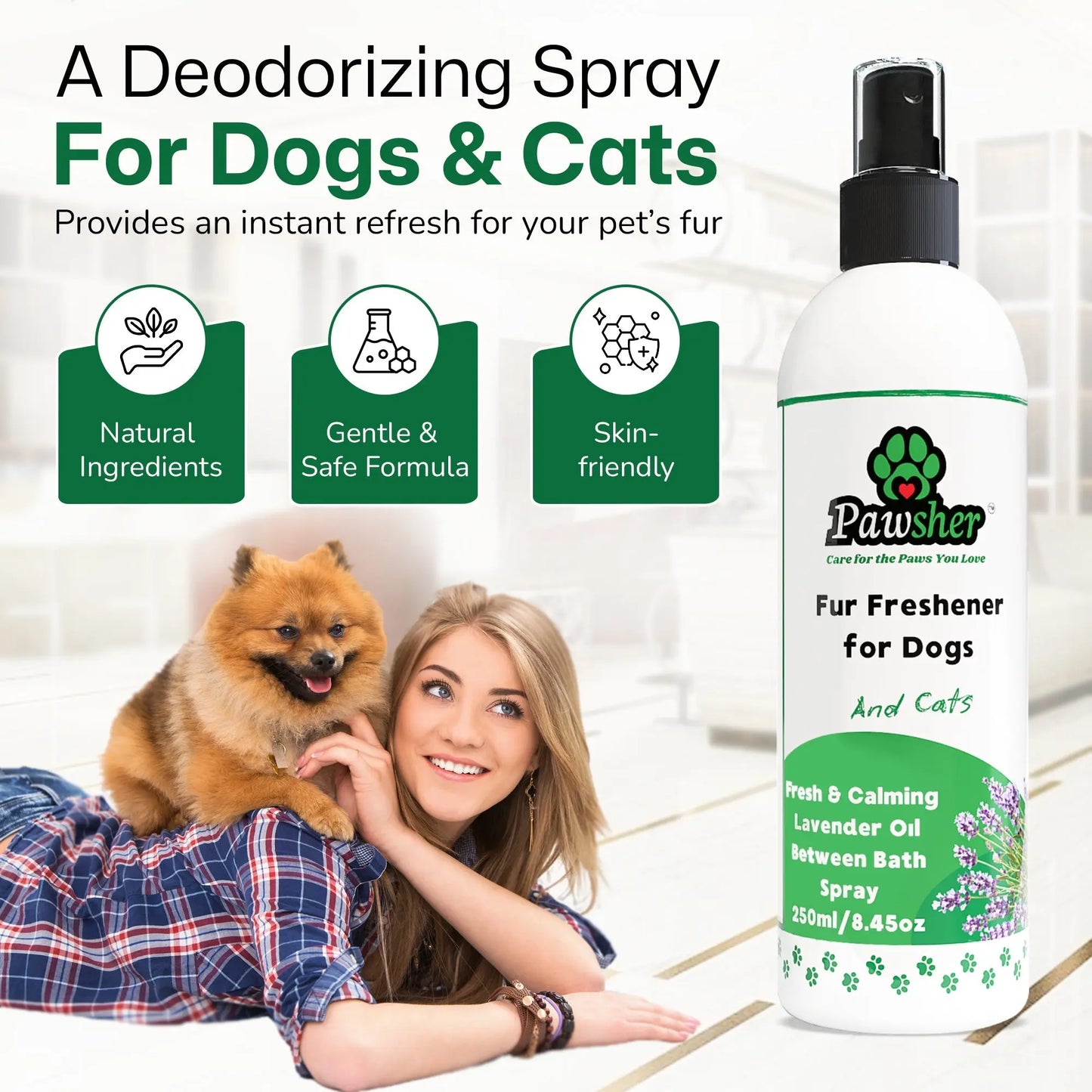 Pawsher deodorizing fur freshener spray for dogs and cats — natural ingredients, gentle safe formula, skin-friendly, no synthetic fragrance or alcohol