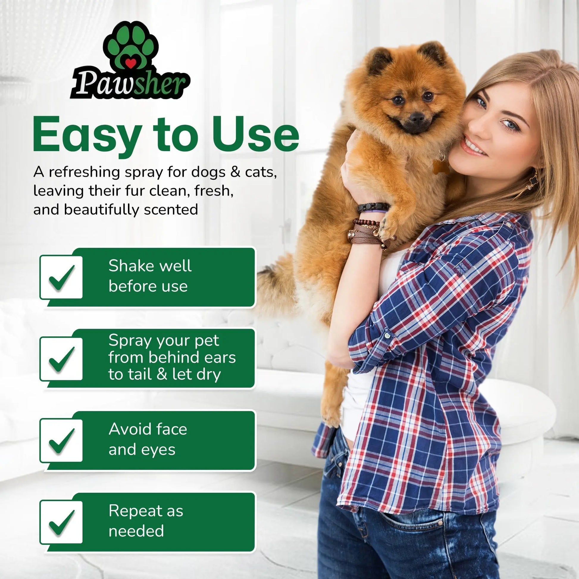 Woman holding a Pomeranian beside Pawsher Fur Freshener easy-to-use steps for dogs and cats