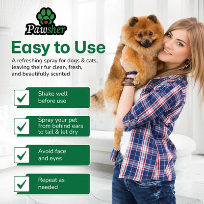 Woman holding a Pomeranian beside Pawsher Fur Freshener easy-to-use steps for dogs and cats