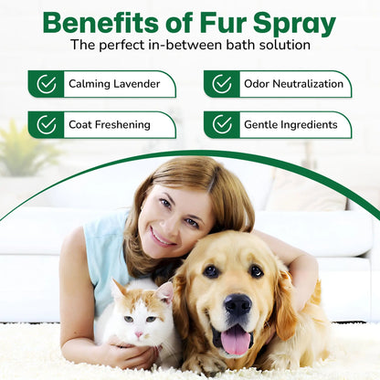 Pawsher fur spray benefits for dogs and cats: calming lavender, odor neutralization, coat freshening, between-bath care