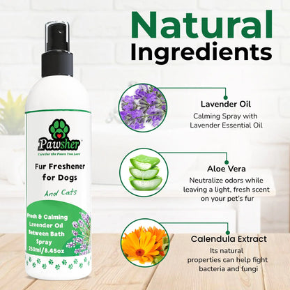 Pawsher fur freshener ingredients for dogs and cats — lavender essential oil, aloe vera and calendula extract