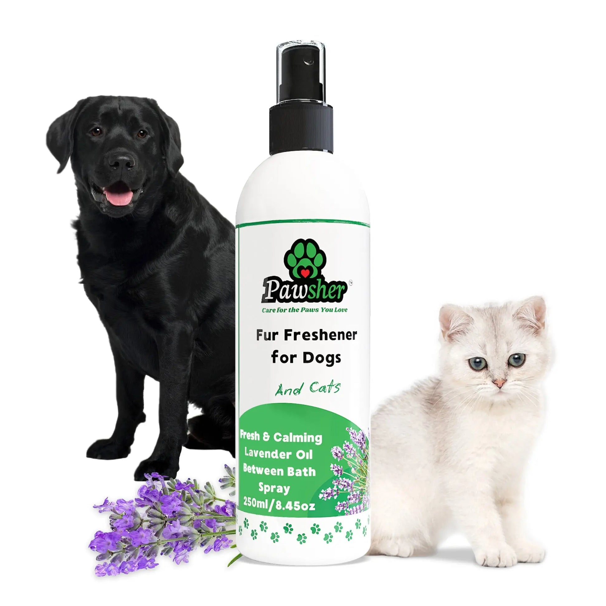 Pawsher between-bath lavender deodorizing spray for dogs and cats, 8.45 oz, with a black Lab, kitten and lavender sprigs