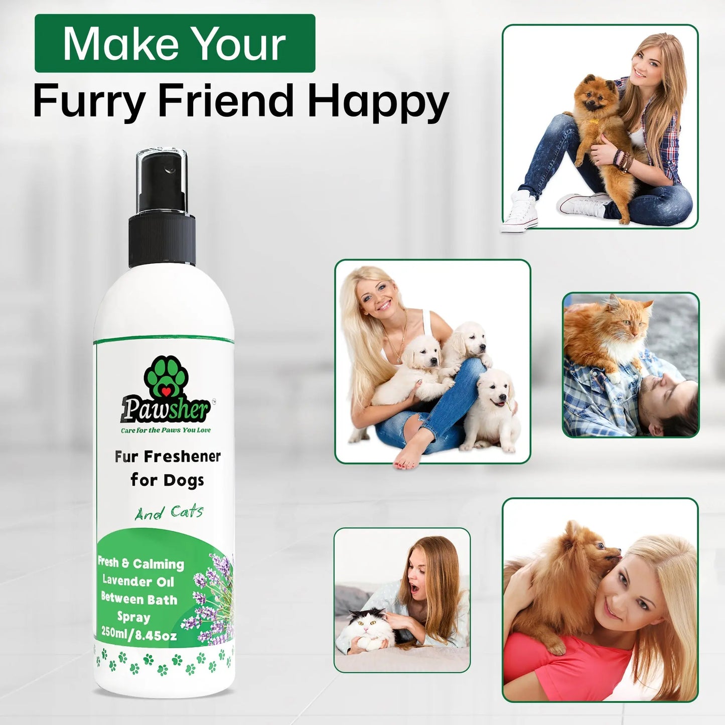 Pawsher fur freshener keeps dogs, cats, puppies and kittens happy and fresh — safe for the whole multi-pet household