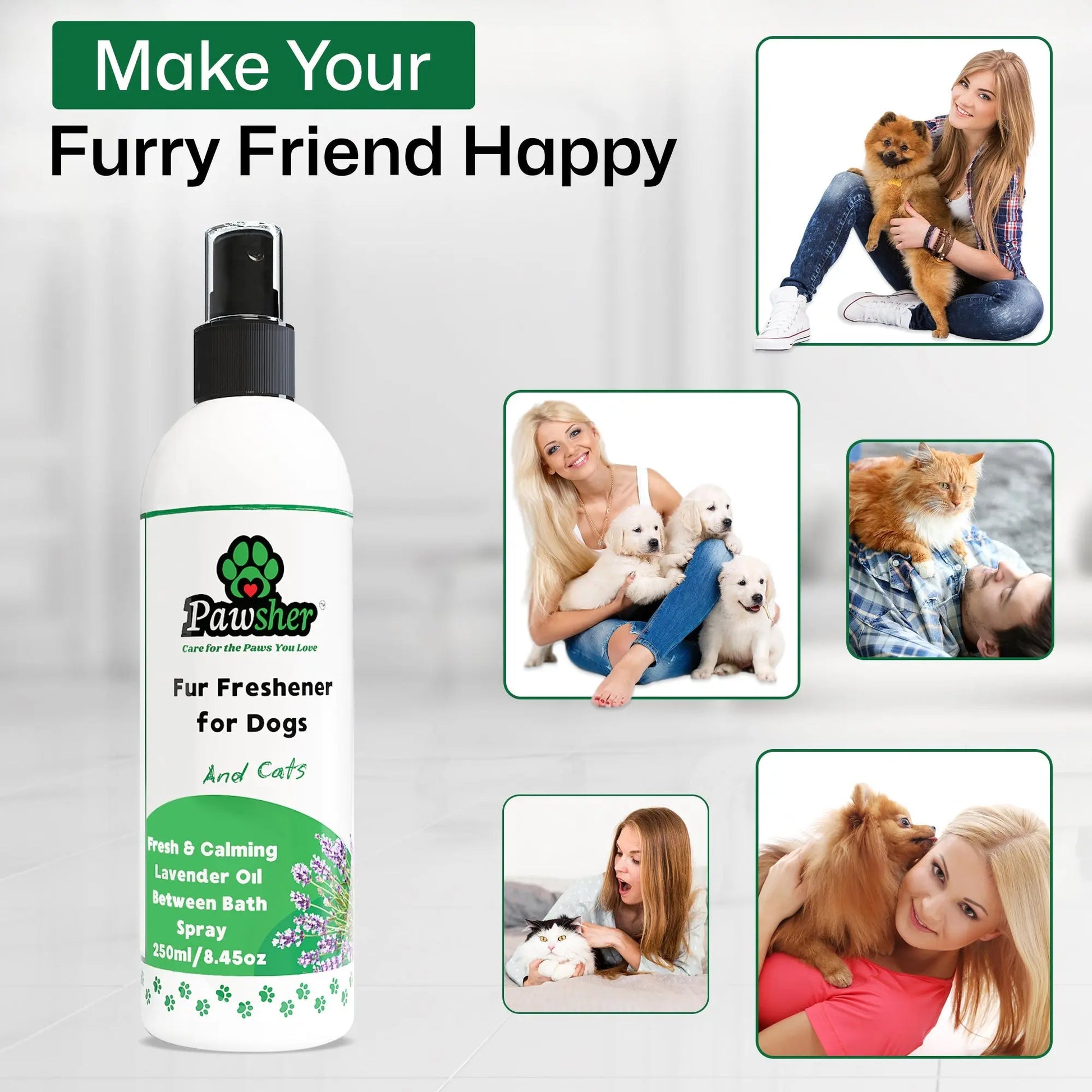 Pawsher fur freshener keeps dogs, cats, puppies and kittens happy and fresh — safe for the whole multi-pet household