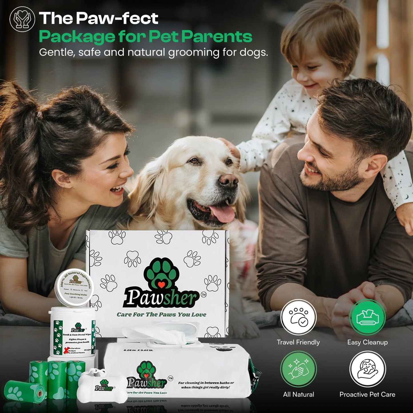 Dog Essentials Starter Kit - Pet Wipes, Paw Balm, Dental Teeth Cleaning Wipes & Poop Bags Set - Pawsher